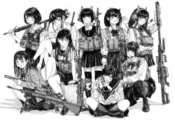 Rule 34 | 6+girls, ak-47, anti-materiel rifle, assault rifle, barrett m82, blush, bow, bowtie, can, closed mouth, collared shirt, commentary, fake horns, fn fnc, galil ace, grenade launcher, greyscale, gun, hair ornament, hairclip, highres, holding, holding can, horns, indian style, jacket, kalashnikov rifle, kneehighs, load bearing vest, long sleeves, looking at viewer, looking up, m110 sass, m4 carbine, medium hair, migrainxxl, monochrome, multiple girls, original, rifle, school uniform, serafuku, shirt, short hair, simple background, sitting, skirt, sniper rifle, socks, squatting, symbol-only commentary, tactical clothes, thighhighs, underbarrel grenade launcher, weapon, weapon on back, weapon request
