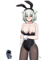 Rule 34 | 1boy, 1girl, @ @, animal ears, arknights, arm grab, bare arms, bare shoulders, black leotard, blush, camera, chibi, closed mouth, commentary request, doctor (arknights), embarrassed, extra ears, fake animal ears, gluteal fold, green eyes, green hair, hair between eyes, highres, holding, holding camera, kal&#039;tsit (arknights), legs apart, leotard, pantyhose, playboy bunny, solo focus, strapless, strapless leotard, taking picture, tofudofu, wrist cuffs