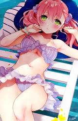 Rule 34 | 1girl, amiko (frostedchocolate), armpits, atelier (series), atelier escha &amp; logy, bikini, blush, bow, bracelet, breasts, cleavage, collarbone, dated, escha malier, green eyes, hair ornament, hair scrunchie, hat, jewelry, looking at viewer, medium breasts, pink hair, purple bikini, purple bow, purple scrunchie, raised eyebrows, scrunchie, short hair, signature, solo, summer, swimsuit, twintails, underboob
