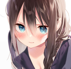 Rule 34 | 1girl, blue eyes, blush, braid, breasts, brown hair, cleavage, close-up, closed mouth, commentary request, hair between eyes, kantai collection, long hair, naoto (tulip), sailor collar, school uniform, serafuku, shigure (kancolle), short sleeves, simple background, single braid, solo, white background