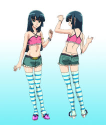 Rule 34 | 1boy, androgynous, blue hair, bracelet, butt crack, character sheet, covered erect nipples, crop top, crossdressing, denim, denim skirt, from behind, green eyes, high heels, jewelry, long hair, lowres, male focus, midriff, natsuki (natsuyasumi.), natsuyasumi., navel, official art, skirt, solo, standing, striped clothes, striped thighhighs, thighhighs, trap, zettai ryouiki