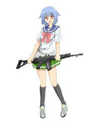 Rule 34 | 1girl, :d, assault rifle, black socks, fnc (upotte!!), full body, gun, highres, kneehighs, laces, looking at viewer, open mouth, red eyes, rifle, school uniform, serafuku, shio (pixiv1579034), shoes, simple background, skirt, smile, socks, solo, upotte!!, weapon, white background