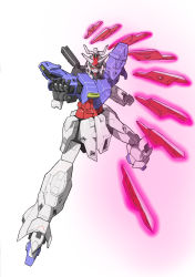 Rule 34 | clenched hand, fighting stance, floating, glowing, green eyes, gundam, highres, looking at viewer, mecha, moon gundam, moon gundam (mobile suit), open hand, psycho plates, robot, science fiction, solo, tsumattsu, v-fin, white background