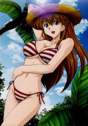 Rule 34 | 1girl, arm up, armpits, bikini, blue eyes, breasts, brown hair, cleavage, cloud, day, hat, highres, large breasts, long hair, neon genesis evangelion, open mouth, side-tie bikini bottom, sky, smile, solo, souryuu asuka langley, straw hat, striped bikini, striped clothes, swimsuit, uninigumi