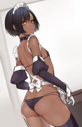 Rule 34 | 1boy, apron, ass, back, bare shoulders, bikini, black bikini, black choker, black hair, black thighhighs, butt crack, choker, closed mouth, cowboy shot, dark-skinned male, dark skin, detached sleeves, dutch angle, ear piercing, expressionless, from behind, gloves, highres, long sleeves, looking at viewer, looking back, maid, maid headdress, male focus, original, piercing, puffy long sleeves, puffy sleeves, solo, standing, string bikini, swept bangs, swimsuit, tawapo, thighhighs, trap, waist apron, white apron, white gloves, yellow eyes