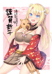 Rule 34 | 1girl, animal, bare shoulders, blonde hair, blue eyes, blush, breasts, brown skirt, chinese zodiac, cleavage, commentary request, double bun, egasumi, fingernails, fur-trimmed sleeves, fur collar, fur trim, hair between eyes, hair bun, large breasts, long hair, long sleeves, nagare yoshimi, navel, open mouth, original, pig, pleated skirt, side bun, skirt, solo, translation request, very long hair, wide sleeves, year of the pig