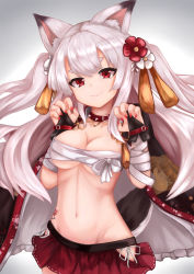 Rule 34 | 1girl, aiguillette, alternate costume, animal ears, azur lane, bandaged arm, bandages, braid, breasts, buckle, claw pose, cleavage, cloak, clothing cutout, collar, fingerless gloves, floating hair, flower, gloves, gradient background, groin, hair flower, hair ornament, highres, long hair, looking at viewer, medium breasts, microskirt, nail polish, navel, pleated skirt, red eyes, ryara, sarashi, side cutout, sidelocks, silver hair, simple background, skirt, smile, solo, spiked collar, spikes, stomach, tail, tassel, tattoo, thick eyebrows, underboob, upper body, wrist straps, yuudachi (azur lane), yuudachi (shogun of snowballs) (azur lane)