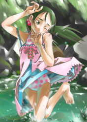 Rule 34 | 1girl, bad id, bad pixiv id, barefoot, dress, feet, flat chest, green eyes, green hair, hair bobbles, hair ornament, legs, long hair, low twintails, matching hair/eyes, motoi hiroumi, one eye closed, original, polka dot, polka dot swimsuit, smile, solo, strap slip, sundress, swimsuit, swimsuit under clothes, twintails, wading, water, wink