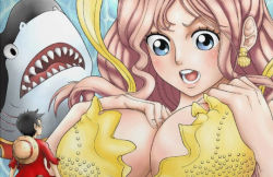Rule 34 | 1boy, 1girl, bikini, black hair, blue eyes, blush, breast suppress, breasts, cleavage, earrings, giant, giantess, hands on own chest, jewelry, large breasts, lips, looking at another, monkey d. luffy, nose, one piece, open mouth, pink hair, portrait, red shirt, shark, shirahoshi, shirt, size difference, swimsuit, tareme, teeth, tongue, upper body, v-shaped eyebrows, weekun