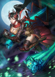 Rule 34 | 1girl, armor, black hair, breasts, claws, cleavage, full body, full moon, ghost, hair ornament, highres, horns, japanese armor, japanese clothes, katana, long hair, looking at viewer, moon, night, night sky, ninja, oni, oni horns, ponytail, purple legwear, red scarf, scarf, sgt lonely, shoulder spikes, skull, sky, solo, spikes, sword, weapon, yellow eyes