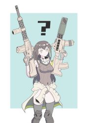 Rule 34 | 1girl, ?, absurdres, armband, assault rifle, bad gun anatomy, black hair, blue background, boots, breasts, closed mouth, clothes around waist, covered navel, cursed m4a1 (meme), girls&#039; frontline, gloves, grey gloves, grey leotard, gun, highleg, highleg leotard, highres, jacket, jacket around waist, leotard, looking at viewer, m4a1 (girls&#039; frontline), medium breasts, outside border, ribbed leotard, rifle, scarf, solo, standing, thigh boots, weapon, white background, xhwx7842, yellow eyes