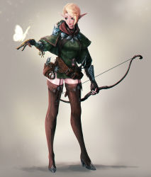Rule 34 | 1girl, armor, arrow (projectile), belt, belt pouch, blonde hair, boots, bow (weapon), breasts, brown footwear, brown gloves, brown thighhighs, bug, butterfly, canister, cape, capelet, commentary, cross-laced footwear, dress, elf, eyelashes, fang, fingerless gloves, full body, garter straps, gloves, green cape, green dress, high heel boots, high heels, holding, holding bow (weapon), holding weapon, insect, kyung han kim, lace-up boots, legs apart, lips, long sleeves, medium breasts, microdress, nose, original, parted lips, pauldrons, pink lips, pointy ears, pouch, puffy long sleeves, puffy sleeves, quiver, red scarf, revision, scarf, sheath, sheathed, short hair, shoulder armor, sidelocks, single pauldron, slit pupils, smile, solo, standing, sword, teeth, thigh boots, thighhighs, vambraces, weapon, zettai ryouiki