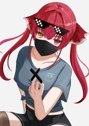 Rule 34 | 1girl, absurdres, alternate costume, black mask, black shorts, blue shirt, breasts, brown thighhighs, c1p122, censored, censored gesture, collarbone, commentary request, cowboy shot, eyewear on head, grey background, hair ribbon, hand up, heterochromia, highres, hololive, houshou marine, leaning to the side, long hair, looking at viewer, mask, medium breasts, middle finger, midriff peek, red eyes, red ribbon, ribbon, shadow, shirt, short sleeves, shorts, sidelocks, simple background, solo, sunglasses, t-shirt, thighhighs, thighs, tied shirt, twintails, virtual youtuber, yellow eyes