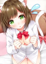 Rule 34 | 1girl, absurdres, animal ear fluff, animal ears, bed sheet, blush, bow, bowtie, breasts, brown hair, cat ears, cat tail, clothes pull, dot nose, fake animal ears, fake tail, flying sweatdrops, from above, green eyes, highres, idolmaster, idolmaster cinderella girls, idolmaster cinderella girls starlight stage, large breasts, long sleeves, looking at viewer, looking up, maekawa miku, no bra, on bed, open mouth, panties, pillow, pink panties, red bow, red bowtie, red ribbon, ribbon, sasakichi (ssk chi), shirt, shirt pull, short hair, solo, striped clothes, striped panties, tail, tail ornament, tail ribbon, underwear, white shirt