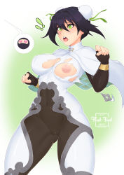 Rule 34 | 1girl, absurdres, black hair, breasts, cameltoe, cleft of venus, covered navel, cowboy shot, double bun, fate/grand order, fate (series), fingerless gloves, fleet-foot, gloves, gradient background, green eyes, grey background, hair between eyes, hair bun, highres, impossible clothes, large breasts, open mouth, qin liangyu (fate), short cape, short hair, shuriken, skin tight, solo, teeth, tongue, torn clothes, two-tone background, upper teeth only, weapon, white background