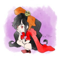 Rule 34 | 1girl, alternate costume, ashley (warioware), ashley (warioware) (cosplay), black dress, black hair, coat, cosplay, dress, hair ornament, hair ribbon, hand on own cheek, hand on own face, indian style, on floor, purple background, red coat, red eyes, red footwear, ribbon, signature, sitting, sketch, skull, skull hair ornament, solo, takeuchi kou, twintails
