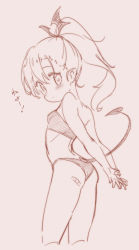 Rule 34 | 1girl, ass, bandaid, bandaid on ass, bare arms, bare shoulders, bikini, blush, brown background, closed mouth, demon tail, from behind, hair between eyes, high ponytail, highres, jigatei (omijin), long hair, looking at viewer, looking back, monochrome, original, ponytail, simple background, solo, swimsuit, tail, translation request, wing hair ornament
