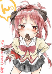 Rule 34 | 10s, 1girl, blush, bow, bowtie, candy, chocolate, chocolate bar, embarrassed, food, mahou shoujo madoka magica, mahou shoujo madoka magica (anime), mijinkouka, mouth hold, pleated skirt, ponytail, red eyes, red hair, sakura kyoko, school uniform, skirt, solo, sweat, unknown artist of 2ch sakura kyouko thread, valentine