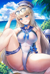Rule 34 | 1girl, absurdres, adjusting eyewear, arm support, arm up, ass, beach, blonde hair, blue eyes, blue sailor collar, blue sky, bnari, bow, breasts, bush, cloud, commentary request, competition swimsuit, covered navel, day, eyewear on head, hair between eyes, hair ornament, hat, highres, horizon, long hair, medium breasts, ocean, one-piece swimsuit, open mouth, original, outdoors, palm tree, sailor, sailor collar, sailor hat, sailor one-piece swimsuit, sitting, sky, spread legs, swimsuit, thigh strap, thighs, tree, wavy mouth, white one-piece swimsuit, x hair ornament