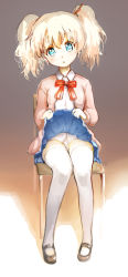 Rule 34 | 10s, 1girl, alice cartelet, blonde hair, blue eyes, blue skirt, blush, bow, bowtie, chair, clothes lift, collared shirt, hair between eyes, hair ornament, head tilt, kin-iro mosaic, kyokucho, lifting own clothes, long sleeves, looking at viewer, mary janes, open clothes, panties, pleated skirt, red bow, red bowtie, red ribbon, ribbon, shirt, shoes, short twintails, sitting, skirt, skirt lift, solo, thighhighs, twintails, underwear, white panties, white thighhighs