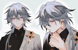 Rule 34 | 0nashiro, 1boy, :o, black hair, black shirt, closed mouth, earrings, hair between eyes, hand on own cheek, hand on own face, highres, honkai (series), honkai impact 3rd, jewelry, long hair, looking at viewer, looking to the side, open mouth, purple eyes, shirt, single earring, smile, solo, su (honkai impact)