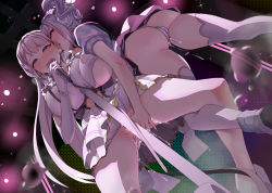 Rule 34 | 2girls, ass, azur lane, between breasts, blue eyes, blush, breasts, cameltoe, censored, censored nipples, cleft of venus, commentary request, commission, convenient censoring, dido (azur lane), dido (muse) (azur lane), dress, dutch angle, ear licking, fingering, framed breasts, from below, headgear, highres, idol, idol clothes, illustrious (azur lane), illustrious (muse) (azur lane), large breasts, licking, microphone, microphone stand, mole, mole under eye, monobe yuri, multiple girls, music, narrowed eyes, no panties, one side up, panties, pink panties, pussy juice, pussy juice drip through clothes, pussy juice stain, pussy juice trail, red eyes, saliva, silver hair, singing, skeb commission, skirt, torogao, underwear, white dress, white legwear, white skirt, yuri