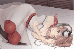 Rule 34 | 10s, 1girl, :d, bare shoulders, bed, bed sheet, bedroom, belt, belt buckle, black hat, blue eyes, blush, breasts, brown hair, buckle, cleavage, collarbone, colored eyelashes, dress, hat, highres, indoors, kantai collection, kerchief, long dress, long hair, looking at viewer, lying, medium breasts, no bra, off shoulder, on bed, on side, open clothes, open dress, open mouth, pantyhose, red pantyhose, saratoga (kancolle), short sleeves, side ponytail, smile, solo, urigarasu, white dress