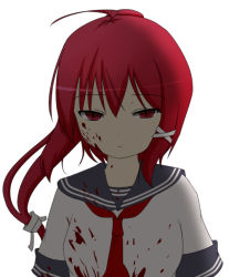 Rule 34 | ao inko, blood, blood on clothes, blood on face, i-168 (kancolle), kantai collection, red eyes, red hair, red neckwear, sailor collar, shirt, simple background, upper body, white background, white shirt, yandere