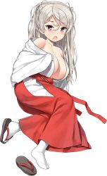 Rule 34 | 1girl, breasts, conte di cavour (kancolle), full body, hakama, hakama skirt, japanese clothes, jiji (aardvark), kantai collection, kimono, large breasts, miko, official alternate costume, official art, oppai loli, sandals, shoes, skirt, transparent background, unworn shoes, white kimono, wide sleeves, zouri