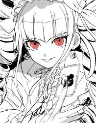 Rule 34 | 1girl, card, celestia ludenberg, center frills, danganronpa: trigger happy havoc, danganronpa (series), drill hair, earrings, frills, hand up, highres, holding, holding card, jacket, jewelry, long hair, monokuma, neck ribbon, open clothes, open jacket, red eyes, ribbon, ringo (mk1104-toatales), smile, solo, spot color, tongue, tongue out, twin drills, twintails