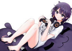 Rule 34 | 1girl, bare legs, barefoot, black shorts, breasts, controller, game controller, highres, holding, holding controller, holding game controller, hololive, hololive english, kai-yo, looking at viewer, mole, mole under eye, ninomae ina&#039;nis, ninomae ina&#039;nis (loungewear), pixie cut, pointy ears, purple eyes, purple hair, shirt, short hair, short shorts, shorts, small breasts, smile, solo, t-shirt, takodachi (ninomae ina&#039;nis), tentacle hair, thighs, toes, virtual youtuber, white shirt