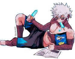 Rule 34 | 1boy, artist name, blue eyes, boku no hero academia, burn scar, cheek piercing, dabi (boku no hero academia), doritos, eating, food, food in mouth, highres, holding, holding food, lying, male focus, messy hair, multiple scars, on side, piercing, popsicle, reading, scar, scar on hand, scar on neck, sharl0ck, shorts, simple background, solo, spoilers, staple, stapled, stitches, todoroki touya, topless male, white background, white hair