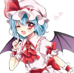 Rule 34 | 1girl, ;d, arm garter, ascot, bad id, bad twitter id, bat wings, blue hair, blush, bow, brooch, fang, frilled shirt collar, frills, hat, hat ribbon, heart, ikamiso9898, index finger raised, jewelry, kanon (ikamiso), looking at viewer, mob cap, one-hour drawing challenge, one eye closed, open mouth, pink shirt, puffy short sleeves, puffy sleeves, red bow, red eyes, red ribbon, remilia scarlet, ribbon, sash, shirt, short hair, short sleeves, skirt, skirt set, smile, solo, touhou, upper body, white background, wings, wrist cuffs