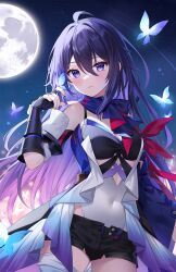 Rule 34 | 1girl, bare shoulders, blush, breasts, cleavage, commentary request, covered navel, full moon, highres, hitsukuya, honkai: star rail, honkai (series), leotard, leotard under clothes, long hair, looking at viewer, medium breasts, moon, night, night sky, purple eyes, purple hair, purple scarf, scarf, seele (honkai: star rail), sky, solo, star (sky), starry sky, thighs