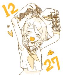 Rule 34 | 1girl, 1p ino, anniversary, arm warmers, arms up, black sleeves, blonde hair, closed eyes, collared shirt, commentary, crop top, dated, heart arms, kagamine rin, neckerchief, open mouth, sailor collar, shirt, sketch, sleeveless, sleeveless shirt, sleeves past fingers, sleeves past wrists, smile, solo, upper body, vocaloid, white background, yellow neckerchief