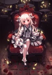 Rule 34 | 1girl, black bow, black footwear, blonde hair, bobby socks, bow, cage, chair, cross, curly hair, dress, flower, frills, hair flower, hair ornament, highres, looking at viewer, marmaladica, mary janes, original, petals, plait, red eyes, rose, rose petals, shoes, sitting, smile, socks, solo, stuffed animal, stuffed toy, white socks