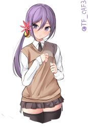 Rule 34 | 1girl, akebono (kancolle), alternate costume, bell, black necktie, black skirt, black thighhighs, brown sweater vest, collared shirt, cropped legs, flower, hair bell, hair between eyes, hair flower, hair ornament, hands up, highres, jingle bell, kantai collection, long hair, long sleeves, looking at viewer, miniskirt, necktie, purple eyes, purple hair, school uniform, shirt, side ponytail, skirt, solo, sweater vest, tf cafe, thighhighs, twitter username, white background, white shirt, zettai ryouiki