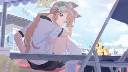 Rule 34 | 1girl, adjusting clothes, adjusting shorts, aircraft, airship, animal ear fluff, animal ears, arm on knee, black footwear, blue archive, blurry, bottle, chikoku, depth of field, explosion, flower, fox ears, gym shirt, gym uniform, hair flower, hair ornament, halo, headband, highres, knees up, light smile, looking at viewer, looking back, mari (blue archive), mari (track) (blue archive), official alternate costume, orange hair, people, ponytail, shirt, short sleeves, shorts, sitting, socks, solo focus, stadium, water bottle, white headband, white socks