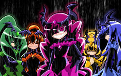 Rule 34 | 10s, 2215, 221 (tsutsuichi), 5girls, bad end beauty, bad end happy, bad end march, bad end peace, bad end precure, bad end sunny, black bodysuit, blonde hair, blue eyes, blue hair, bodysuit, crazy eyes, crazy smile, dark persona, evil grin, evil smile, green eyes, green hair, grin, hair over one eye, hand on own hip, long hair, looking at viewer, magical girl, multiple girls, orange eyes, orange hair, pink eyes, pink hair, ponytail, precure, rain, ringed eyes, shaded face, sharp teeth, short hair, smile, smile precure!, teeth, tiara, twintails, yellow eyes