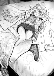 Rule 34 | 1girl, ahoge, boots, unworn boots, coat, commentary request, foot focus, greyscale, highres, idolmaster, idolmaster cinderella girls, long hair, long sleeves, lying, monochrome, on back, on bed, pantyhose, perspective, scarf, shorts, solo, steam, twintails, xyh, yusa kozue
