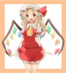 Rule 34 | 1girl, :d, absurdres, ascot, blonde hair, blush, flandre scarlet, hat, highres, long hair, mukuroi, open mouth, puffy sleeves, red eyes, red skirt, short hair, side ponytail, skirt, smile, solo, standing, touhou, wings