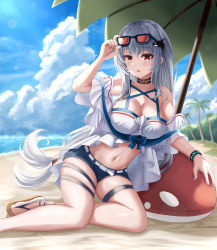 Rule 34 | 1girl, absurdres, adjusting eyewear, arknights, bare shoulders, beach, bikini, black choker, blue shorts, blue sky, breasts, choker, cleavage, cloud, commentary, day, eyewear on head, foot out of frame, gongbangmanchi (daisy cutter), hair between eyes, highres, infection monitor (arknights), inflatable orca, inflatable toy, long hair, looking at viewer, medium breasts, navel, no headwear, off-shoulder shirt, off shoulder, official alternate costume, open mouth, outdoors, palm tree, red eyes, sandals, shirt, shorts, sidelocks, silver hair, sitting, skadi (arknights), skadi (waverider) (arknights), skindentation, sky, solo, sunglasses, swimsuit, thigh strap, thighs, tree, umbrella, very long hair