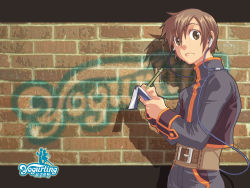 Rule 34 | 1boy, belt, brown hair, cable, character request, earbuds, earphones, highres, male focus, notepad, pencil, solo, sweat, turtleneck, wallpaper, wooden pencil, yellow eyes, yogurting