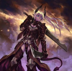 Rule 34 | 1girl, armor, blonde hair, blue eyes, breasts, cleavage, full armor, horns, long hair, over shoulder, pixiv fantasia, pixiv fantasia fallen kings, pointy ears, shinazo, solo, sword, sword over shoulder, tail, twintails, weapon, weapon over shoulder