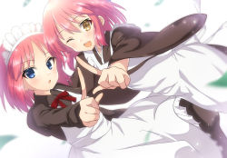 Rule 34 | 2girls, apron, blue eyes, blush, bow, bowtie, brown dress, brown kimono, commentary request, dress, hair between eyes, highres, hisui (tsukihime), index finger raised, itsuka neru, japanese clothes, juliet sleeves, kimono, kohaku (tsukihime), long sleeves, looking at viewer, maid, maid apron, maid headdress, melty blood, melty blood: type lumina, mixed maids, multiple girls, one eye closed, open mouth, puffy sleeves, red bow, red hair, red neckwear, short hair, siblings, sisters, smile, teeth, tongue, tsukihime, tsukihime (remake), twins, upper teeth only, wa maid, white apron, wide sleeves, yellow eyes