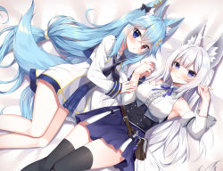 Rule 34 | 2girls, :o, animal ear fluff, animal ears, bed sheet, black bow, black legwear, black neckerchief, blue eyes, blue hair, blue skirt, blush, bow, breasts, closed mouth, commentary request, commission, detached sleeves, dress, ear bow, ear piercing, feet out of frame, hair between eyes, heterochromia, holding hands, interlocked fingers, large breasts, long hair, long sleeves, lying, mauve, multiple girls, neckerchief, on back, on side, parted lips, piercing, pixiv commission, purple eyes, shirt, silver hair, skirt, sleeveless, sleeveless shirt, smile, tail, thighhighs, very long hair, vrchat, white dress, white shirt, white sleeves