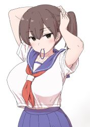 Rule 34 | 1girl, alternate costume, blue sailor collar, blue skirt, breasts, brown eyes, brown hair, holding, holding hair, kaga (kancolle), kantai collection, large breasts, looking at viewer, neckerchief, pleated skirt, red neckerchief, sailor collar, school uniform, serafuku, simple background, skirt, solo, wamu (chartreuse), white background