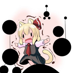 Rule 34 | 1girl, animal ears, blonde hair, cat ears, cat girl, cat tail, chibi, female focus, hair ribbon, hoshizuki (seigetsu), necktie, open mouth, orb, outstretched arms, purumia, red necktie, ribbon, rumia, skirt, skirt set, solo, tail, touhou, trembling, | |