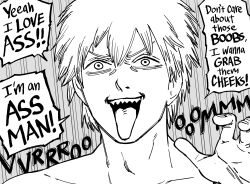 Rule 34 | 1boy, absurdres, bare pectorals, bb (baalbuddy), chainsaw man, collarbone, comic, denji (chainsaw man), english text, greyscale, hair between eyes, highres, monochrome, open mouth, pectorals, sharp teeth, short hair, simple background, solo, speech bubble, teeth, tongue, tongue out