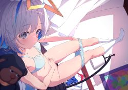 Rule 34 | absurdres, amane kanata, angel, angel wings, bed, blue bow, blue eyes, blue hair, blurry, blush, bow, bra, breasts, calf socks, curtains, depth of field, dutch angle, foreshortening, gorilla, halo, hand on own stomach, highres, hololive, legs up, looking at viewer, lying, medium hair, multicolored hair, painting (object), panties, panty pull, school uniform, small breasts, socks, star halo, streaked hair, stuffed animal, stuffed toy, sy4, thighs, underwear, underwear only, undressing, virtual youtuber, white hair, wings